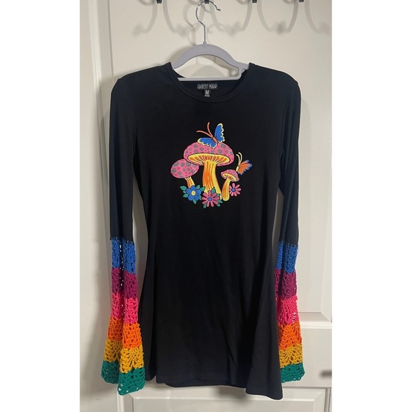 Current Mood Mushroom Rainbow Crochet Long Sleeve Black Dress Sz Med Boho Retro - Picture 1 of 6